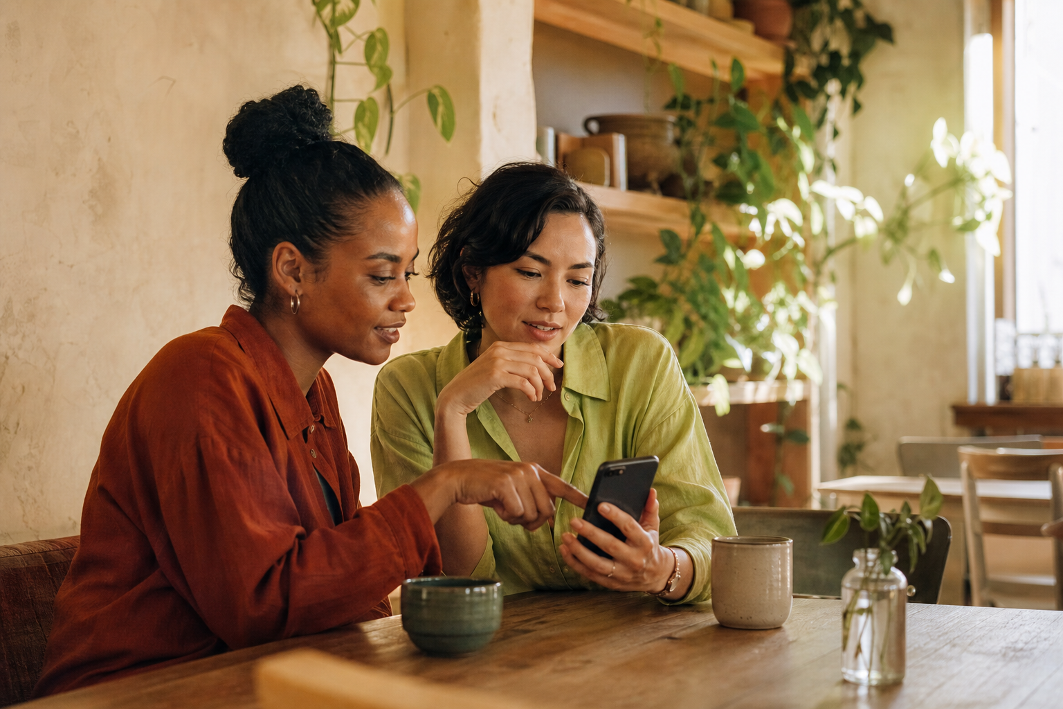 Two friends sharing an idea on a phone