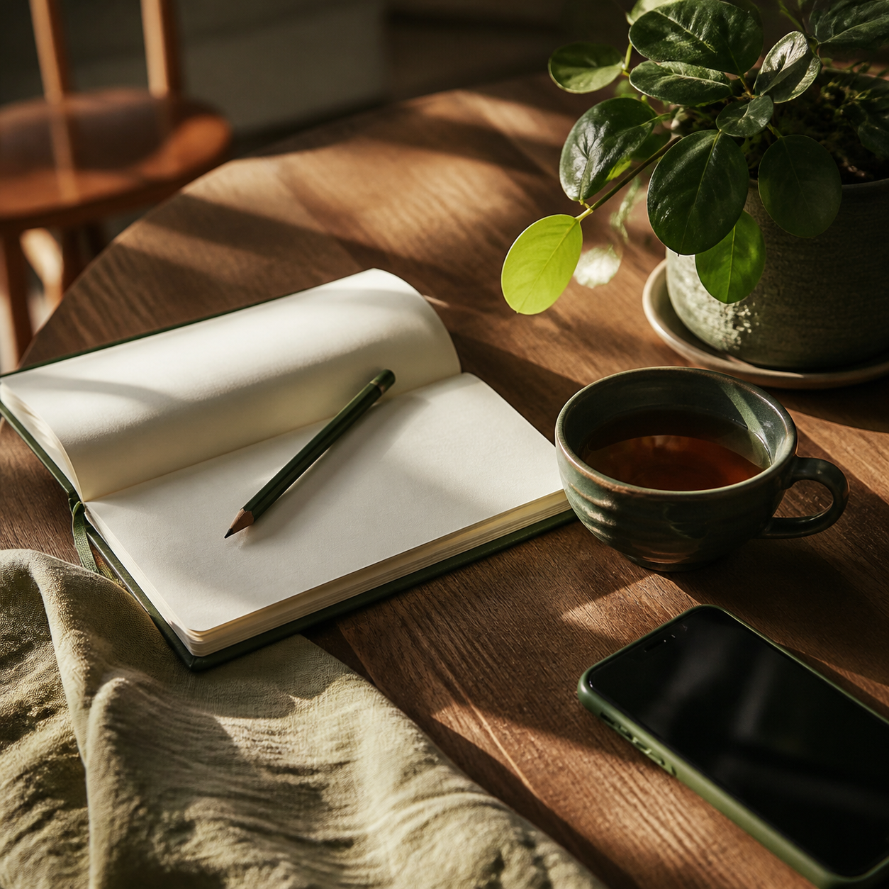 A notebook, pencil, tea, and phone in warm morning light