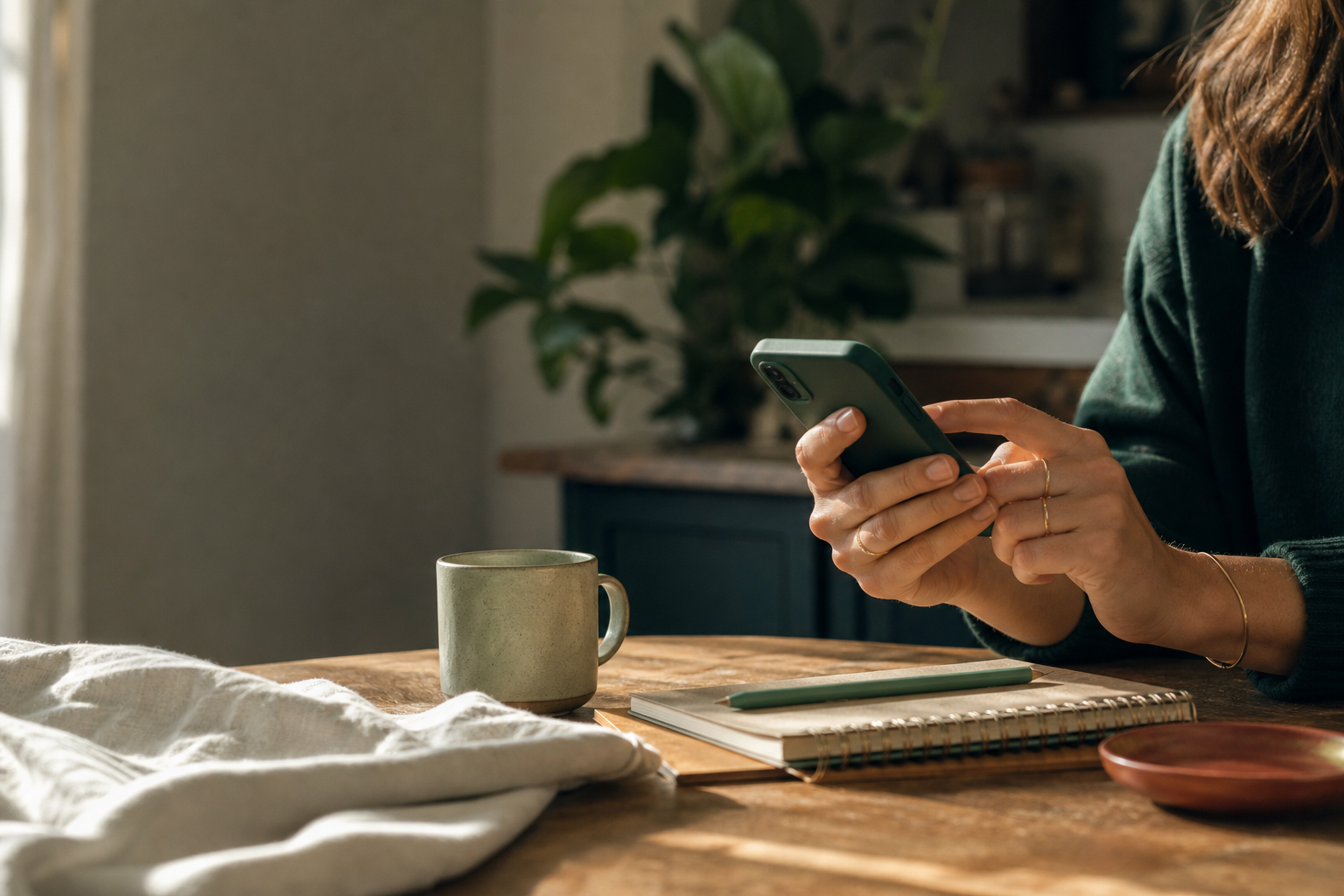 A person making a small online action at a sunlit table