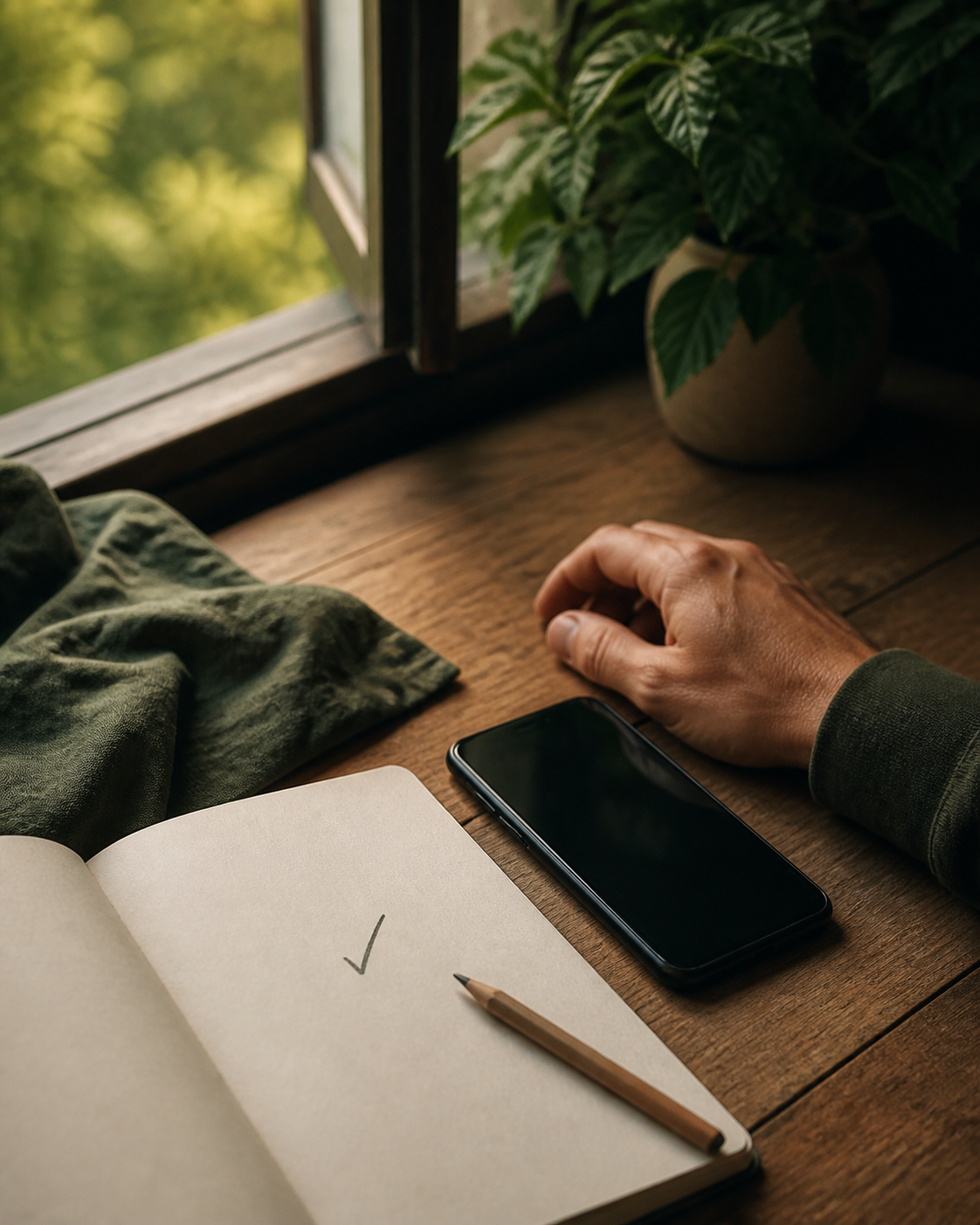 A completed task marked in a notebook beside a phone